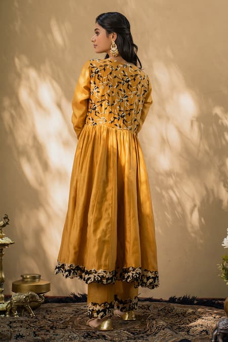 Shop Naaz By Noor Yellow Cotton, Chanderi And Organza Round Anarkali Set at Aza Fashions Shop_Naaz By Noor_Yellow Cotton, Chanderi And Organza Round Anarkali Set _at_Aza_Fashions