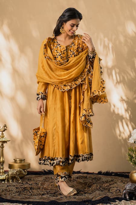 Naaz By Noor Yellow Cotton, Chanderi And Organza Round Anarkali Set Online at Aza Fashions Naaz By Noor_Yellow Cotton, Chanderi And Organza Round Anarkali Set _Online_at_Aza_Fashions