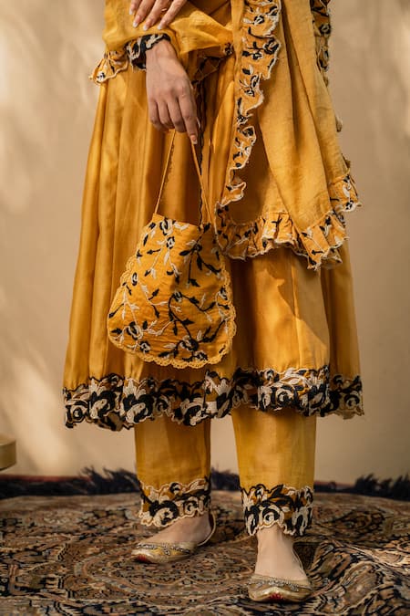Naaz By Noor Yellow Cotton, Chanderi And Organza Round Anarkali Set at Aza Fashions Naaz By Noor_Yellow Cotton, Chanderi And Organza Round Anarkali Set _at_Aza_Fashions