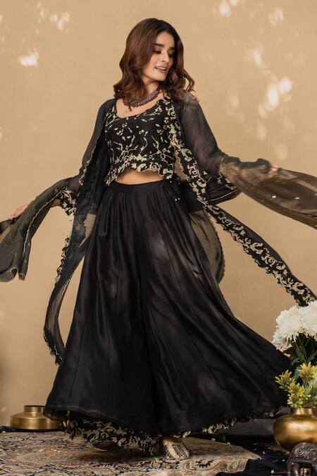 Shop_Naaz By Noor_Black Cotton, Chanderi And Organza Round Cape & Gharara Set _Online_at_Aza_Fashions