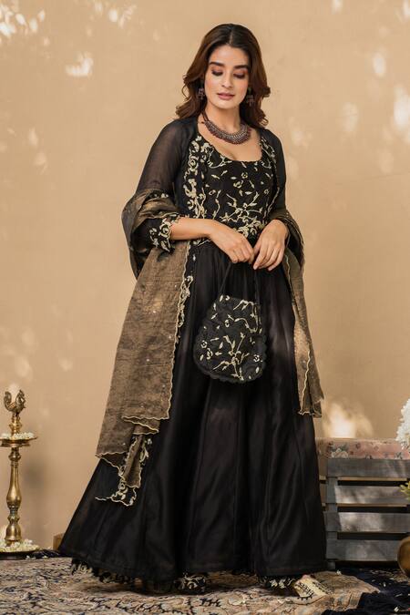 Naaz By Noor_Black Cotton, Chanderi And Organza Round Cape & Gharara Set _Online_at_Aza_Fashions