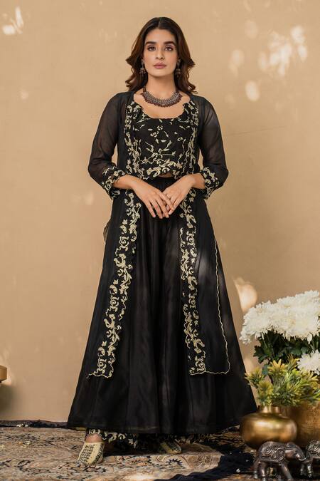 Buy_Naaz By Noor_Black Cotton, Chanderi And Organza Round Cape & Gharara Set _Online_at_Aza_Fashions