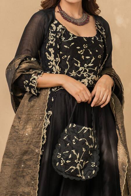 Naaz By Noor_Black Cotton, Chanderi And Organza Round Cape & Gharara Set _at_Aza_Fashions