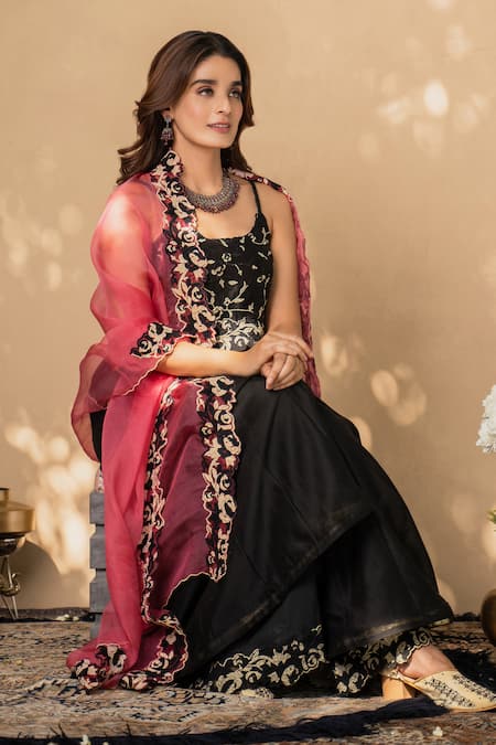 Buy Naaz By Noor Black Cotton, Chanderi And Organza Round Gharara Set Online at Aza Fashions Buy_Naaz By Noor_Black Cotton, Chanderi And Organza Round Gharara Set_Online_at_Aza_Fashions