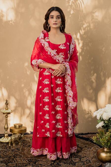 Naaz By Noor Red Cotton, Chanderi And Organza Round Kurta Gharara Set Online at Aza Fashions Naaz By Noor_Red Cotton, Chanderi And Organza Round Kurta Gharara Set _Online_at_Aza_Fashions