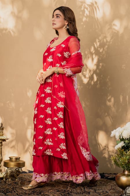Buy Naaz By Noor Red Cotton, Chanderi And Organza Round Kurta Gharara Set Online at Aza Fashions Buy_Naaz By Noor_Red Cotton, Chanderi And Organza Round Kurta Gharara Set _Online_at_Aza_Fashions
