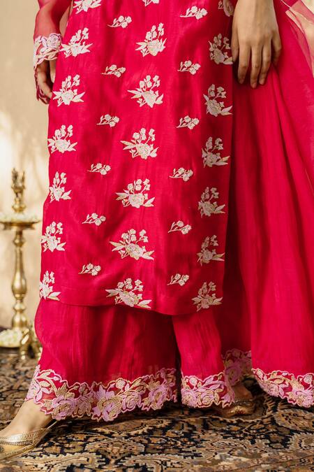 Naaz By Noor Red Cotton, Chanderi And Organza Round Kurta Gharara Set at Aza Fashions Naaz By Noor_Red Cotton, Chanderi And Organza Round Kurta Gharara Set _at_Aza_Fashions