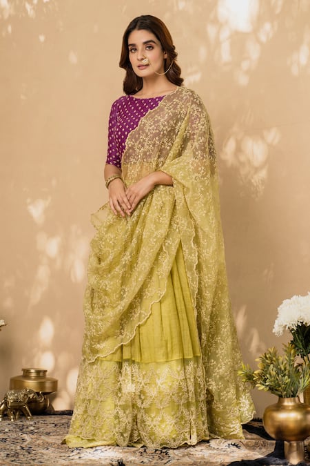 Naaz By Noor_Purple Cotton, Chanderi And Organza Round Lehenga Set _Online_at_Aza_Fashions