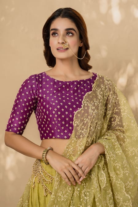 Shop_Naaz By Noor_Purple Cotton, Chanderi And Organza Round Lehenga Set _Online_at_Aza_Fashions