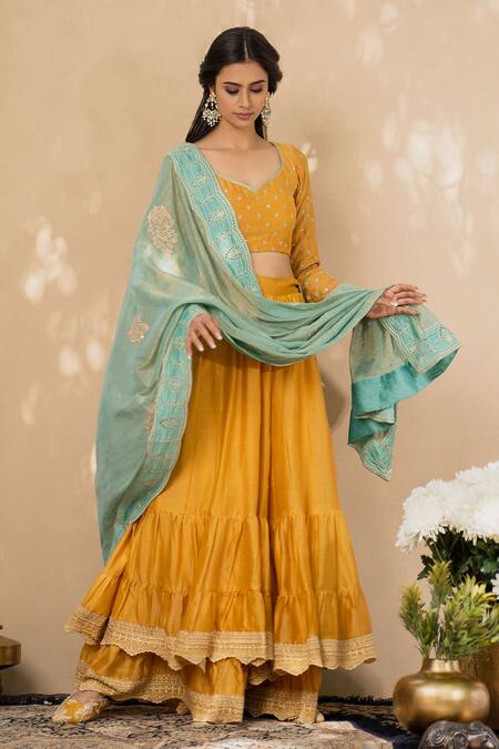 Naaz By Noor Blue Cotton, Chanderi And Organza Leaf Neck Sharara Set Online at Aza Fashions Naaz By Noor_Blue Cotton, Chanderi And Organza Leaf Neck Sharara Set _Online_at_Aza_Fashions