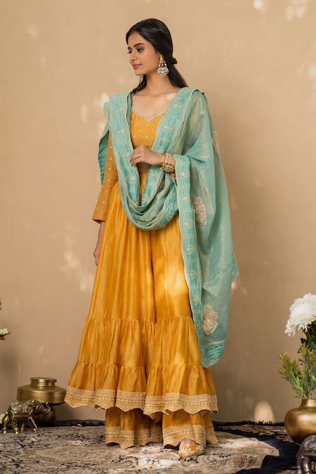 Shop Naaz By Noor Blue Cotton, Chanderi And Organza Leaf Neck Sharara Set at Aza Fashions Shop_Naaz By Noor_Blue Cotton, Chanderi And Organza Leaf Neck Sharara Set _at_Aza_Fashions