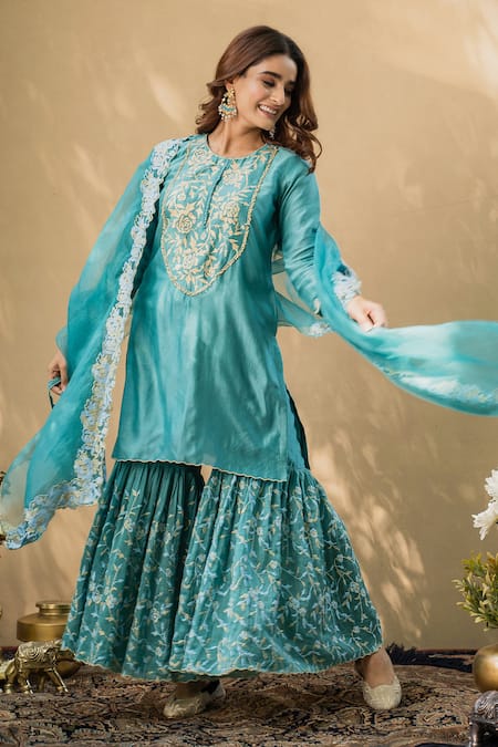 Buy Teal Cotton Straight Kurta Sharara Suit Set (Kurta, Sharara, Dupatta)  for INR3597.00 | Biba India
