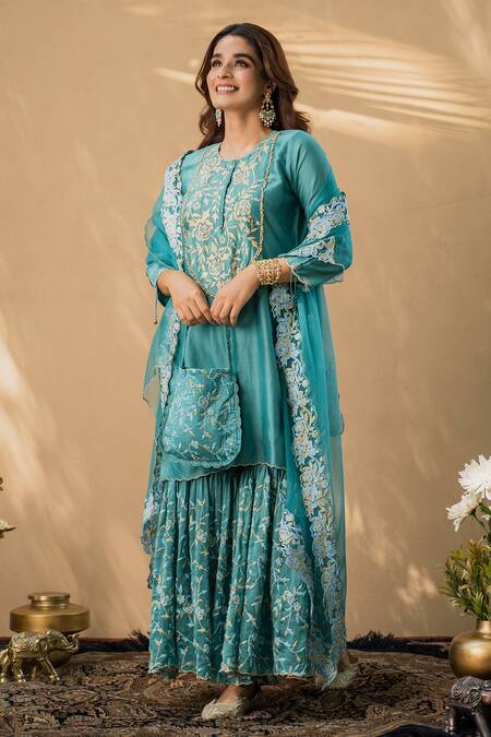 Naaz By Noor_Blue Cotton Embroidery Round Chanderi Kurta Sharara Set _Online_at_Aza_Fashions