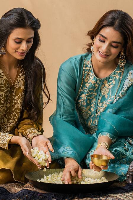 Buy_Naaz By Noor_Blue Cotton Embroidery Round Chanderi Kurta Sharara Set _Online_at_Aza_Fashions