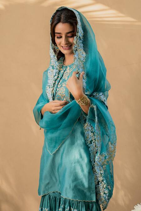 Shop_Naaz By Noor_Blue Cotton Embroidery Round Chanderi Kurta Sharara Set _Online_at_Aza_Fashions