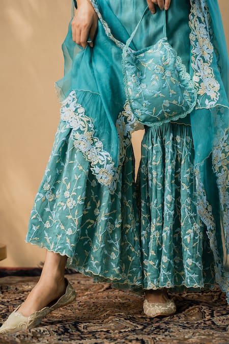 Naaz By Noor_Blue Cotton Embroidery Round Chanderi Kurta Sharara Set _at_Aza_Fashions