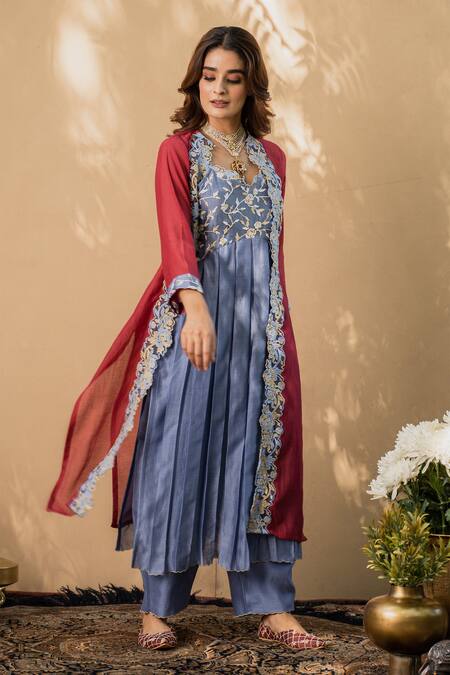 Naaz By Noor Blue Cotton, Chanderi And Organza V Neck Cape & Kurta Set Online at Aza Fashions Naaz By Noor_Blue Cotton, Chanderi And Organza V Neck Cape & Kurta Set _Online_at_Aza_Fashions