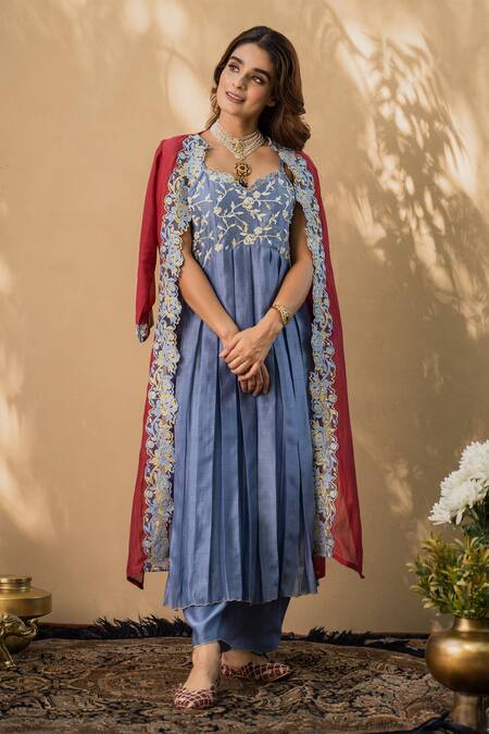 Buy Naaz By Noor Blue Cotton, Chanderi And Organza V Neck Cape & Kurta Set Online at Aza Fashions Buy_Naaz By Noor_Blue Cotton, Chanderi And Organza V Neck Cape & Kurta Set _Online_at_Aza_Fashions