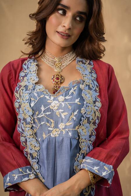 Shop Naaz By Noor Blue Cotton, Chanderi And Organza V Neck Cape & Kurta Set Online at Aza Fashions Shop_Naaz By Noor_Blue Cotton, Chanderi And Organza V Neck Cape & Kurta Set _Online_at_Aza_Fashions