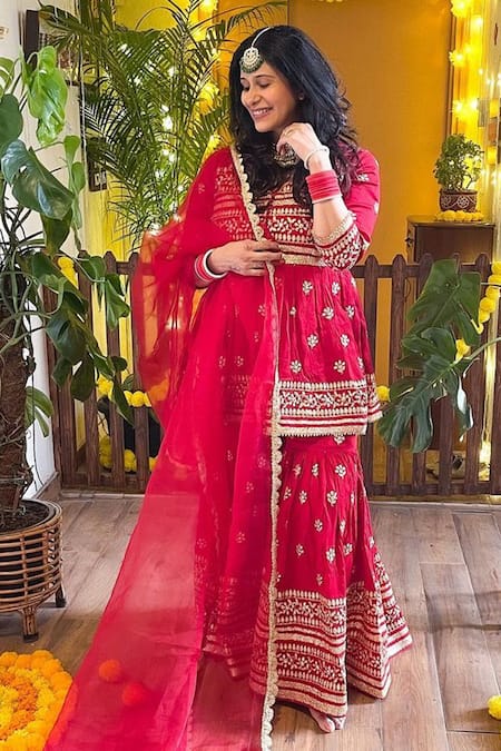Gopi Vaid Tussar Embroidered Peplum Kurta Set 