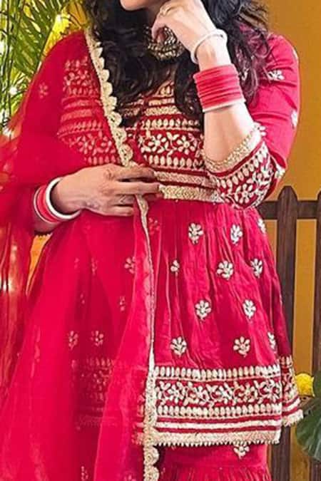 Gopi Vaid_Red Dupatta - Net, Gharara - , Kurta- Embroidered Peplum Set_Online_at_Aza_Fashions