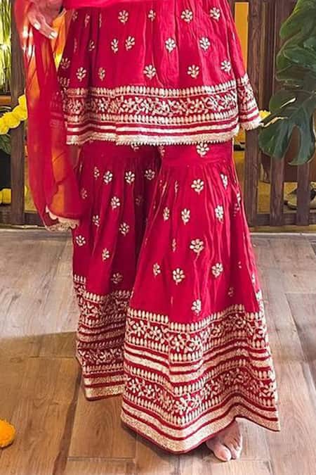 Buy_Gopi Vaid_Red Dupatta - Net, Gharara - , Kurta- Embroidered Peplum Set_Online_at_Aza_Fashions