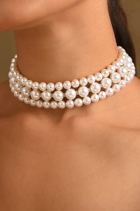 Shop Kastiya Jewels White Tiered Pearl Beaded Choker Online at Aza Fashions Shop_Kastiya Jewels_White Tiered Pearl Beaded Choker_Online_at_Aza_Fashions