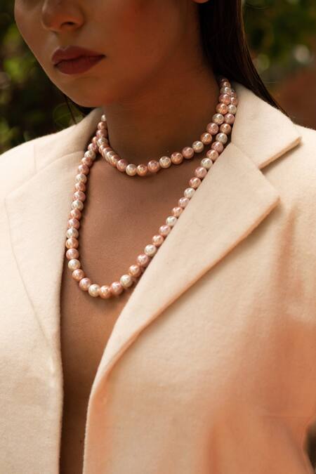 Shop_Kastiya Jewels_White And Pink Pearl Beaded Long Necklace_Online_at_Aza_Fashions