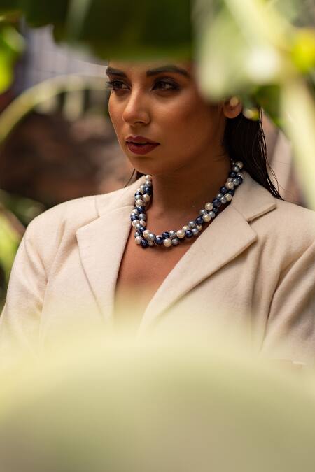 Kastiya Jewels_Blue And White Pearl Beaded Long Necklace_Online_at_Aza_Fashions