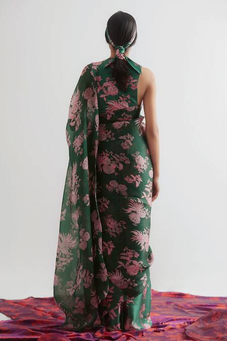Shop_Kshitij Jalori_Green Printed Saree_at_Aza_Fashions