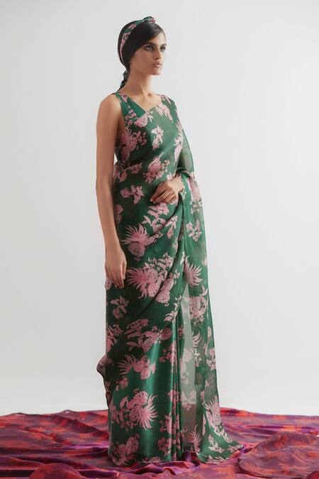 Kshitij Jalori_Green Printed Saree_Online_at_Aza_Fashions