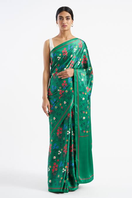 Kshitij Jalori Green Silk Satin Crepe Floral Print Saree