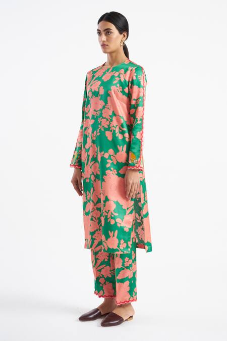 Buy_Kshitij Jalori_Green Cotton Silk Satin Floral Print Kurta And Pant Set_Online_at_Aza_Fashions