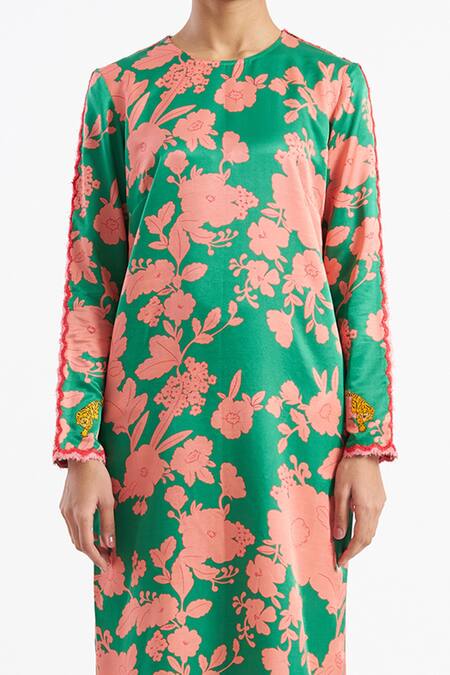 Shop_Kshitij Jalori_Green Cotton Silk Satin Floral Print Kurta And Pant Set_Online_at_Aza_Fashions