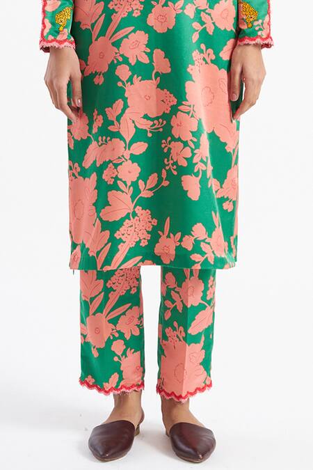 Kshitij Jalori_Green Cotton Silk Satin Floral Print Kurta And Pant Set_at_Aza_Fashions