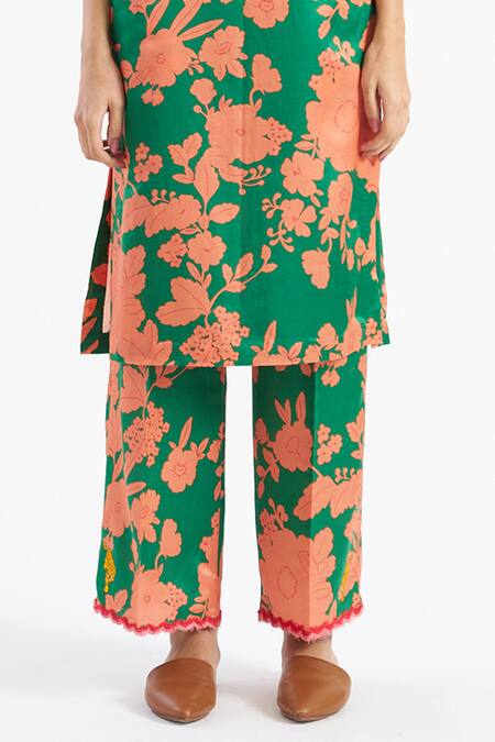 Kshitij Jalori_Green Cotton Silk Satin Floral Print Kurta And Pant Set_at_Aza_Fashions