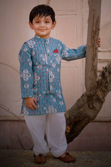 Buy_Laadlo_Blue Cotton Floral Jaal Print Bundi And Kurta Set_Online_at_Aza_Fashions