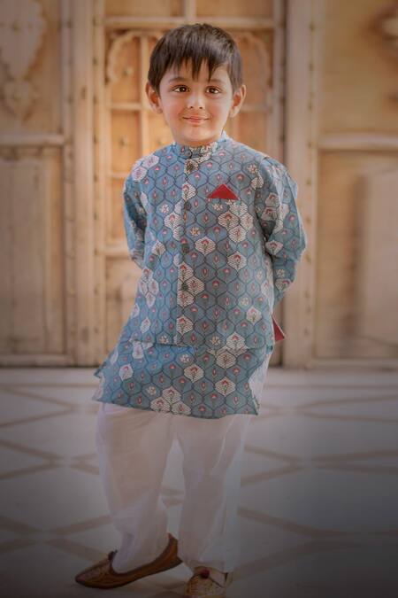 Shop_Laadlo_Blue Cotton Floral Jaal Print Bundi And Kurta Set_Online_at_Aza_Fashions