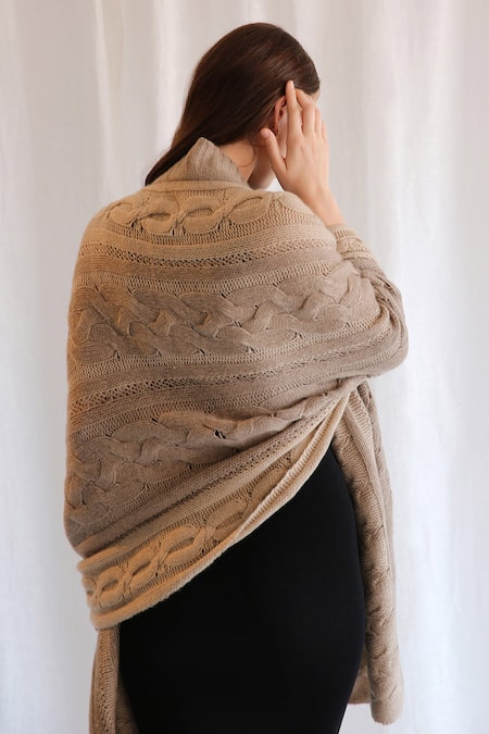 Shop Pashma Beige Hand Knit Cashmere Scarf at Aza Fashions Shop_Pashma_Beige Hand Knit Cashmere Scarf _at_Aza_Fashions