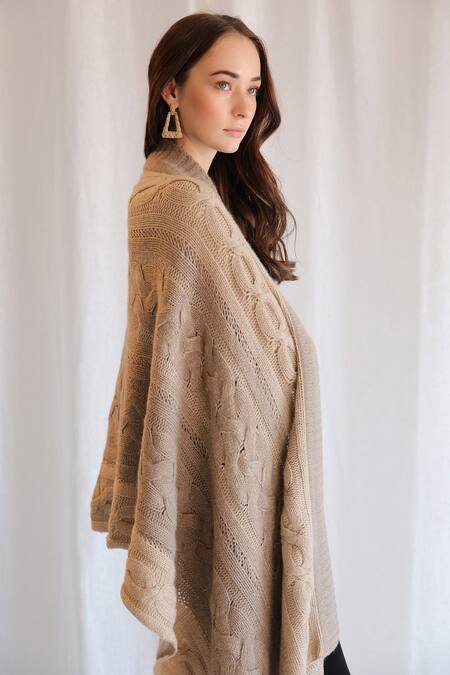 Pashma Beige Hand Knit Cashmere Scarf Online at Aza Fashions Pashma_Beige Hand Knit Cashmere Scarf _Online_at_Aza_Fashions