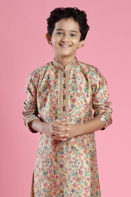 Buy_Kora By Nilesh Mitesh_Multi Color , Satin Embroidery Floral Print Kurta And Pant Set_Online_at_Aza_Fashions