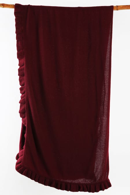 Shop Pashma Maroon Knitted Frill Cashmere Scarf at Aza Fashions Shop_Pashma_Maroon Knitted Frill Cashmere Scarf _at_Aza_Fashions