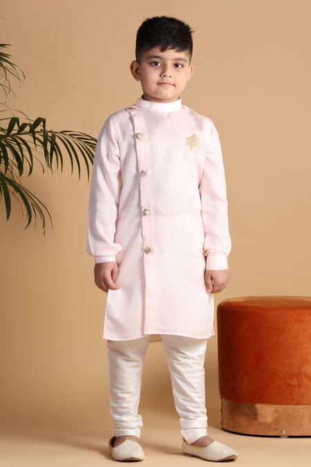 Buy_Kora By Nilesh Mitesh_Pink Silk Embroidery Overlapping Kurta And Churidar Set_Online_at_Aza_Fashions