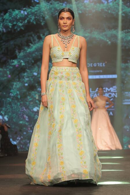 Shop_Keerthi Kadire_Green Raw Silk, Organza Floral Applique Plunge Neck Pleated Lehenga And Blouse Set _at_Aza_Fashions
