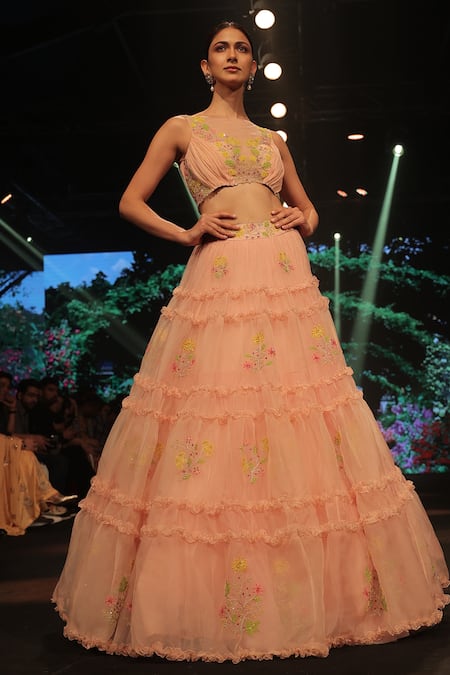Shop_Keerthi Kadire_Peach Organza, Net Chiffon Floral Motifs Frill Lehenga And Draped Blouse Set _at_Aza_Fashions