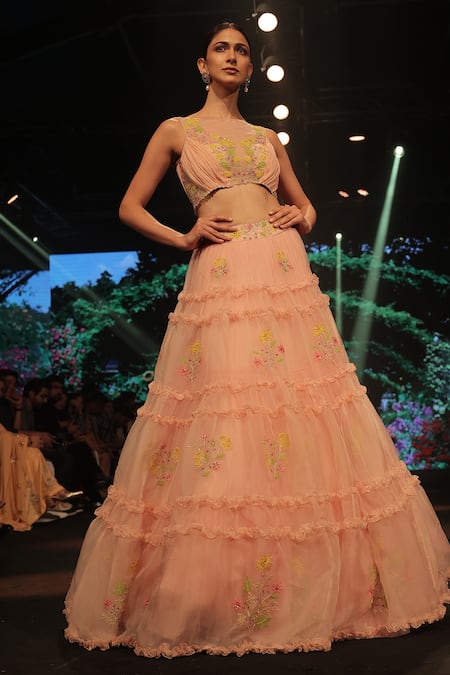 Keerthi Kadire_Peach Organza, Net Chiffon Floral Motifs Frill Lehenga And Draped Blouse Set _Online_at_Aza_Fashions