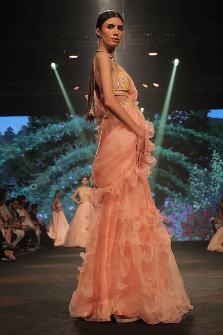 Shop_Keerthi Kadire_Peach Raw Silk, Organza Floral Applique Pre-draped Ruffle Saree With Blouse _at_Aza_Fashions