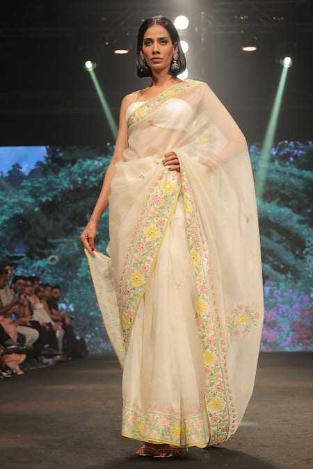 Shop_Keerthi Kadire_White Raw Silk, Organza Floral Applique Scoop Neck Saree With Blouse _at_Aza_Fashions