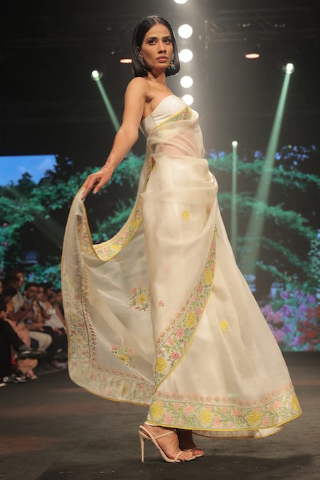 Buy_Keerthi Kadire_White Raw Silk, Organza Floral Applique Scoop Neck Saree With Blouse _Online_at_Aza_Fashions