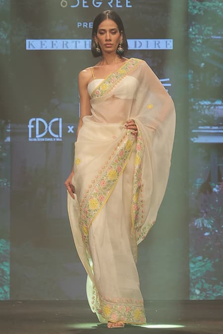 Shop_Keerthi Kadire_White Raw Silk, Organza Floral Applique Scoop Neck Saree With Blouse _Online_at_Aza_Fashions